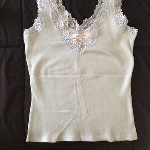 Blue knit lace and bead trimmed camisole.